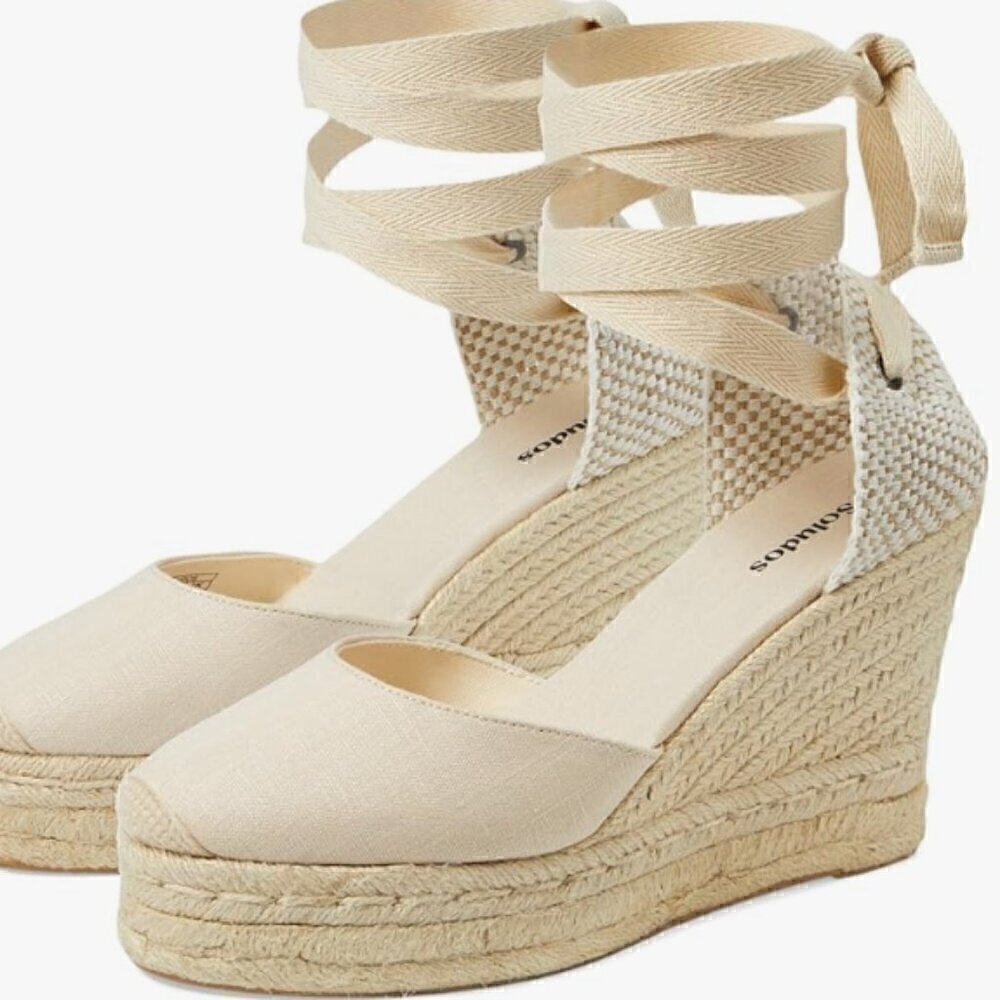 Saludos Light Denim Wrap Ankle Strap Platform Wedge Espadrille Size 8 - Picture 2 of 13